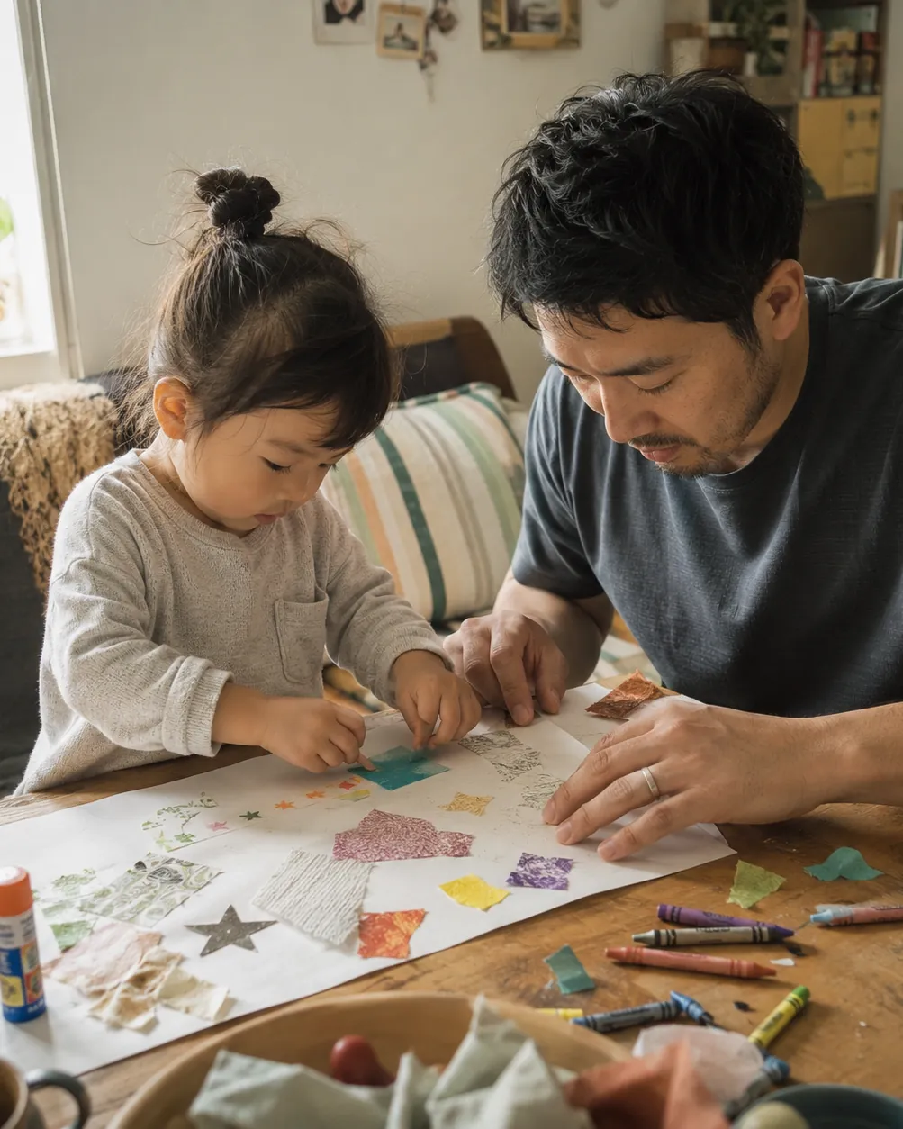 A dad and his daughter cut and glue a tissue-paper collage at the kitchen table
