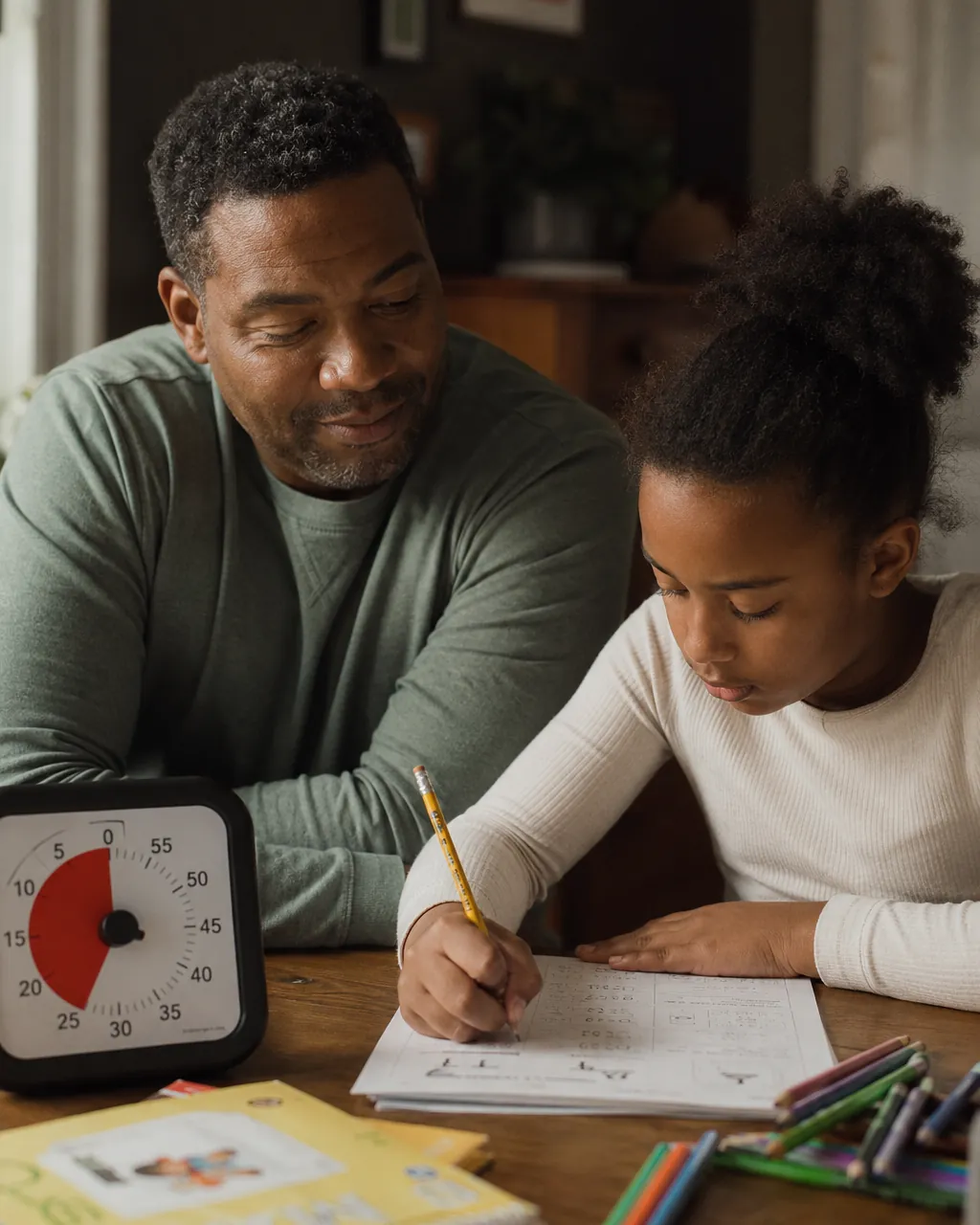 A dad sits beside his daughter as she writes in a notebook with a red visual timer on the table