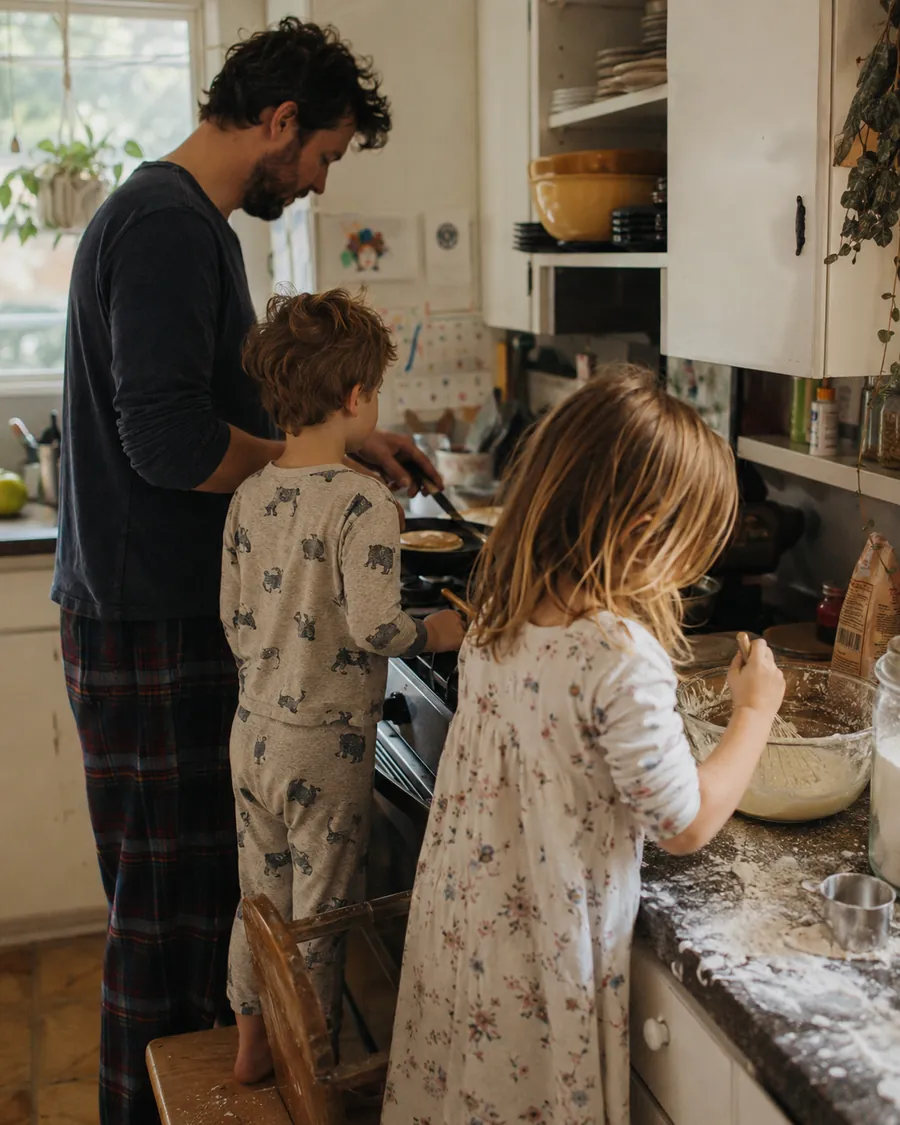 A father and two children in pajamas cook pancakes together at the stove on Christmas morning