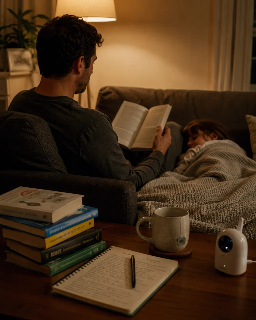 A dad reads on the sofa at night while his child sleeps against him