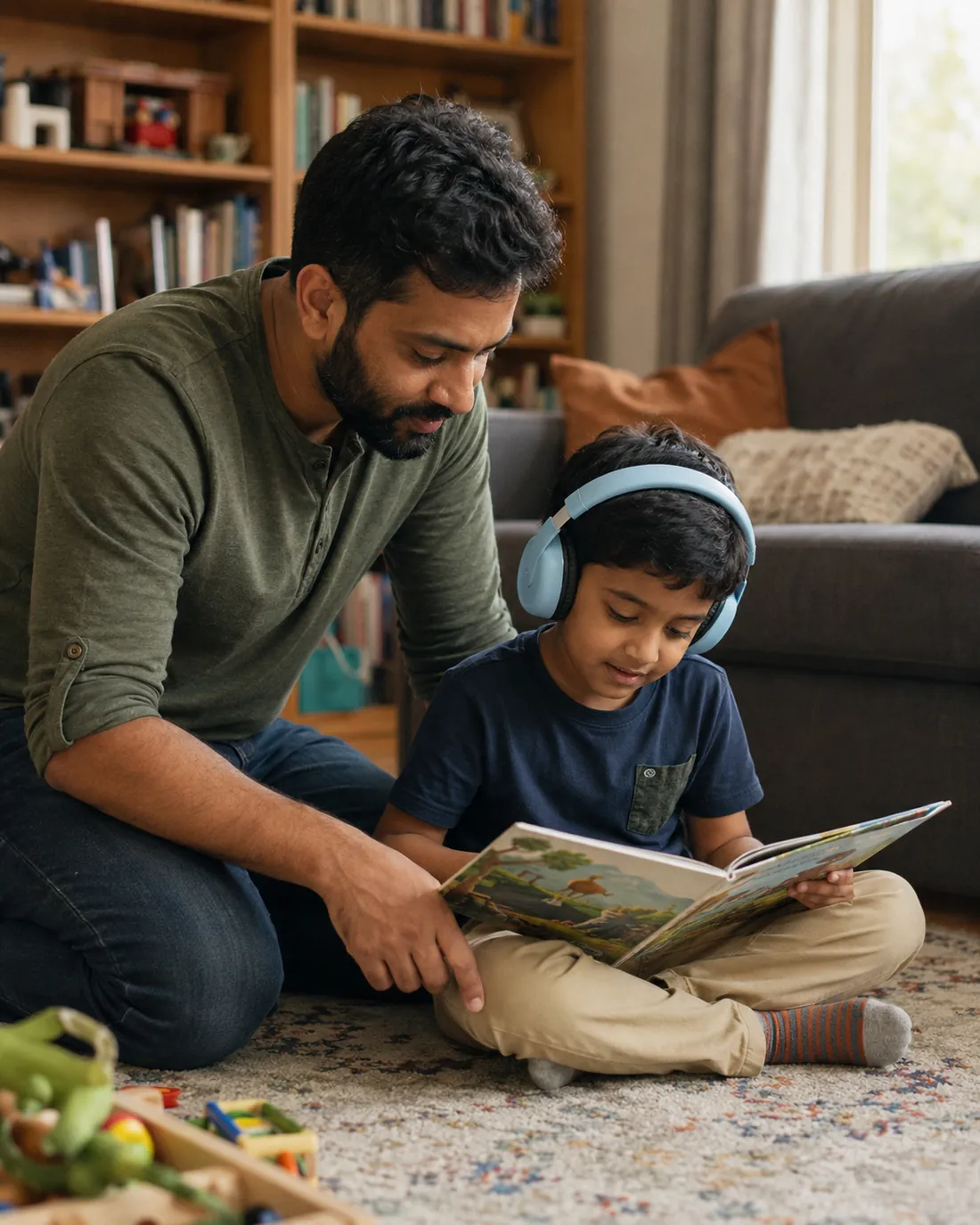 A boy in blue headphones reads with his dad on the living room floor