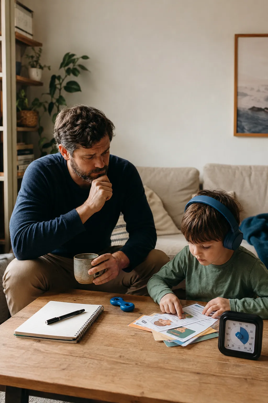 A boy in headphones does homework at a table with a visual timer while his dad sits beside him