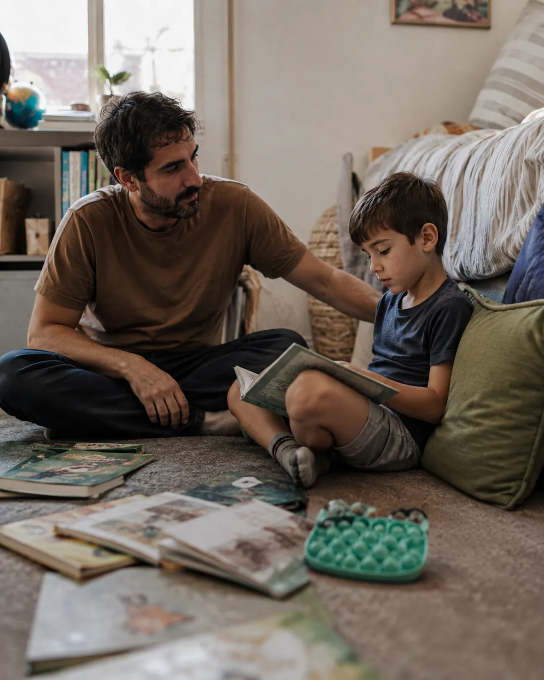 A dad sits on a bedroom floor with his son among books and fidget rings, talking at eye level