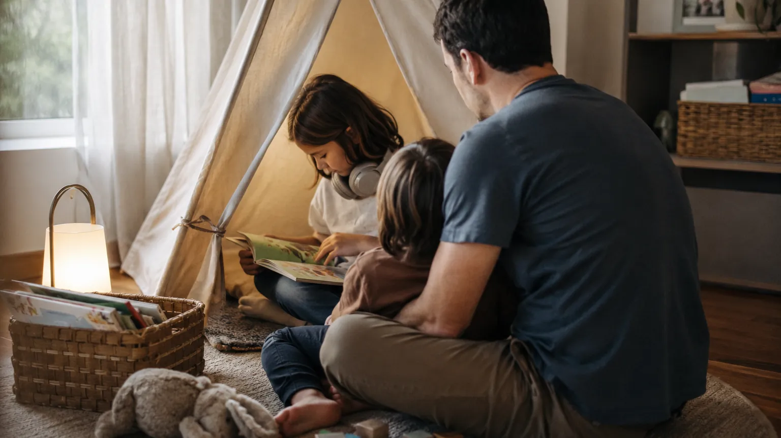 A dad reads with two kids inside a play tent in the living room, a lantern beside them