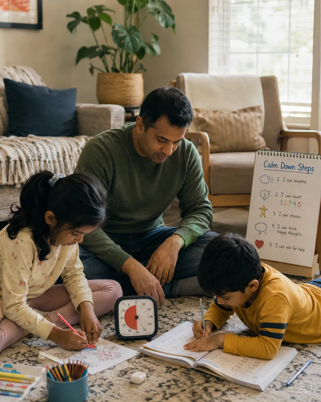 A dad sits on the living room floor with two kids, a visual timer and a calm-down steps chart beside them