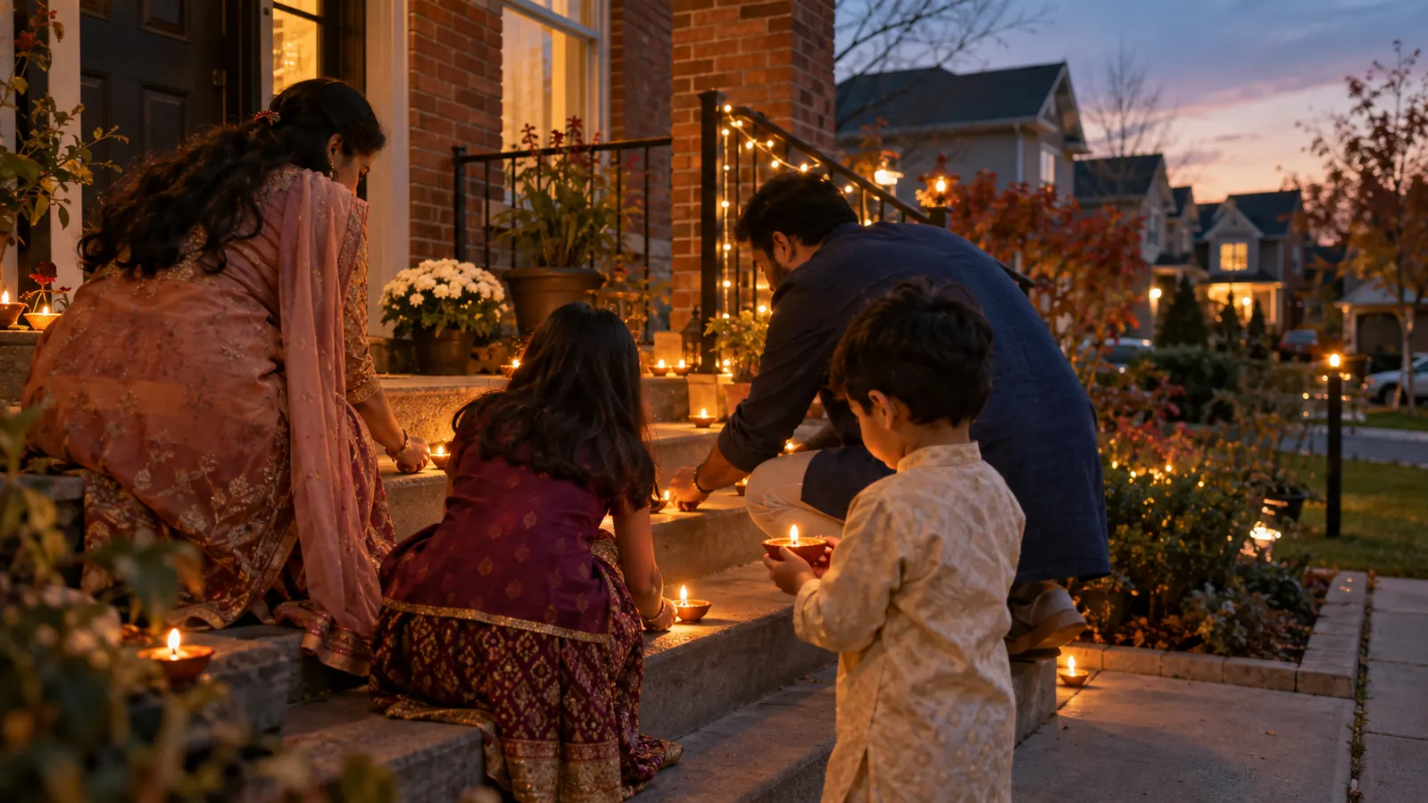A family in festive clothes sets lit clay lamps along the brick front steps of a house at dusk while a small boy holds one