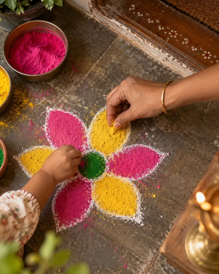 Top-down view of an adult hand and a small child's hand filling a flower-shaped pattern with pink, yellow and green powder