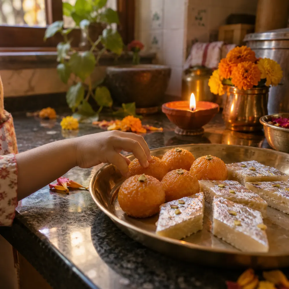 A child's hand reaches for round orange sweets on a brass plate beside diamond-shaped sweets, a lit clay lamp and marigolds