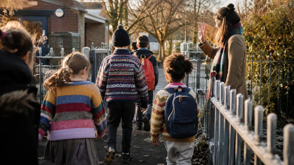 Kids in patterned knit sweaters walk toward the school gate as a teacher waves them in on a frosty morning
