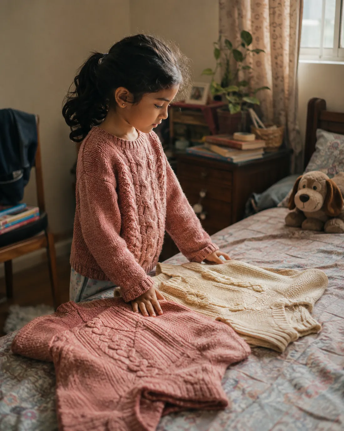 A girl kneels on her bed comparing a soft pink cable-knit sweater to a cream one before deciding what to wear