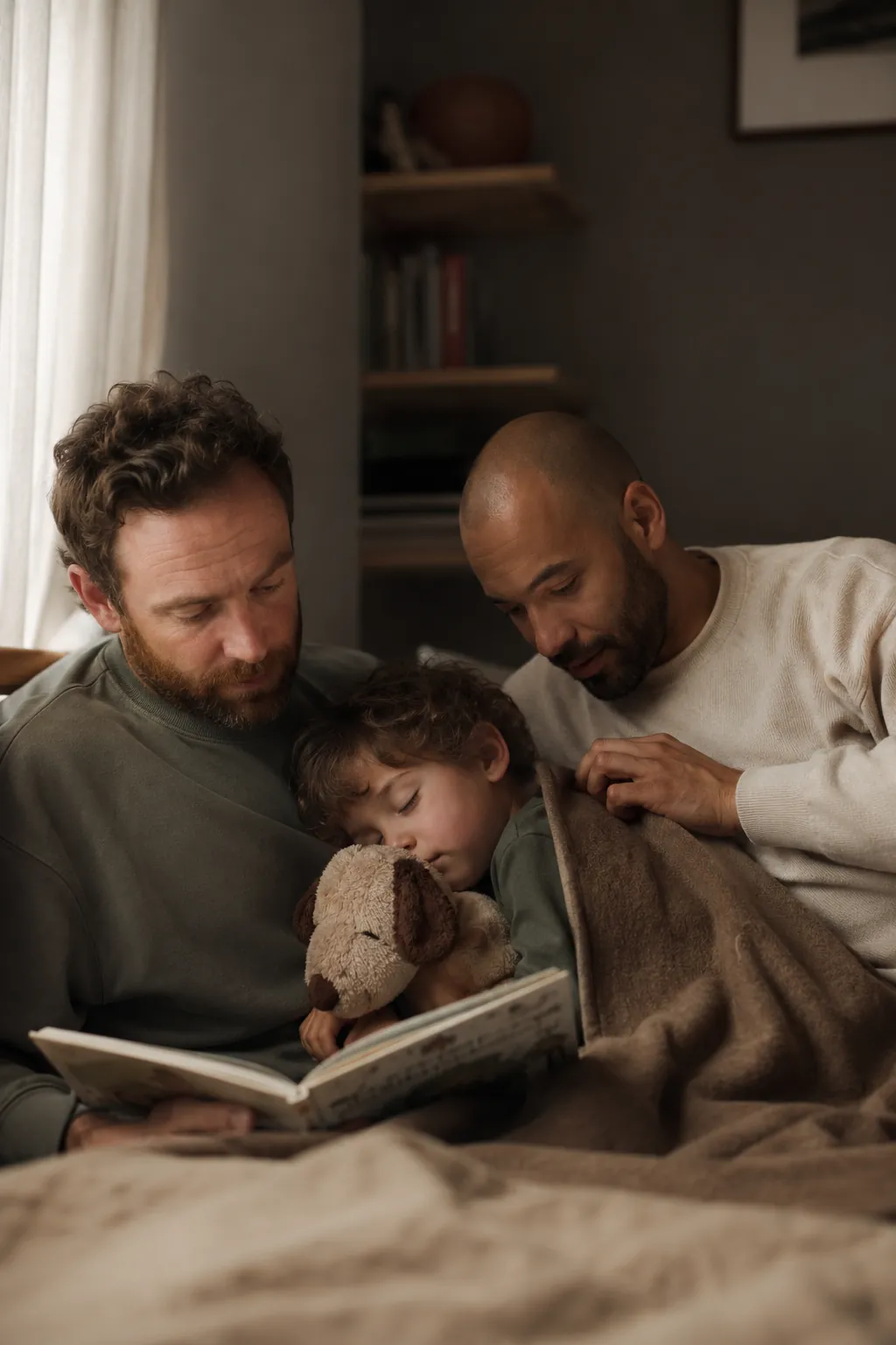 Two dads read in bed with their son, finally asleep against a teddy bear after the ear pain eased