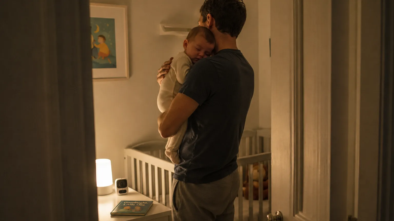 A father stands in a dark nursery doorway holding his toddler awake with ear pain at night