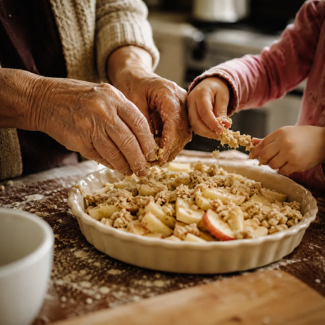 Small hands scatter crumble topping over an apple dish on a floured table