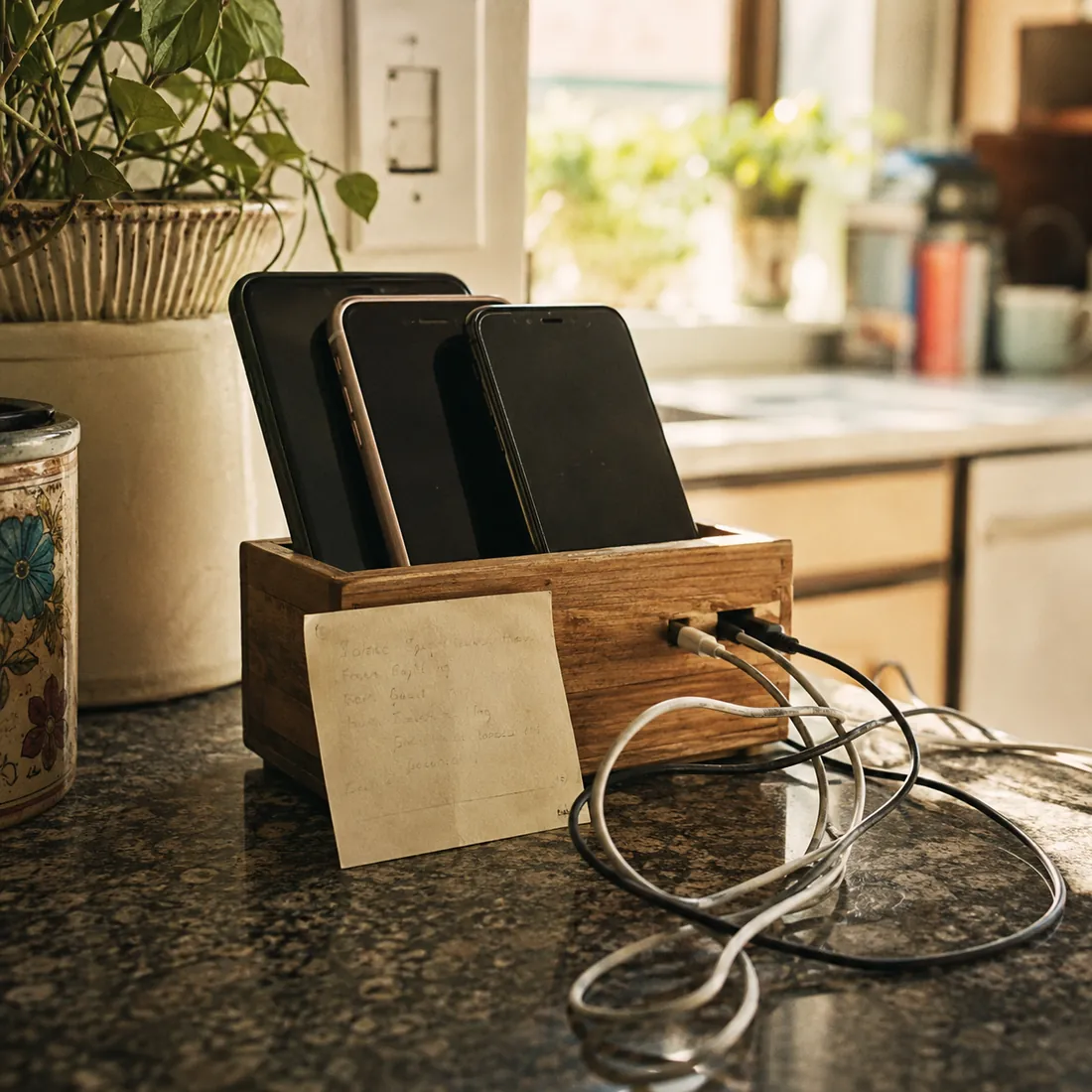 Three phones charge in a wooden dock on a granite kitchen counter beside a handwritten paper note and tangled cables