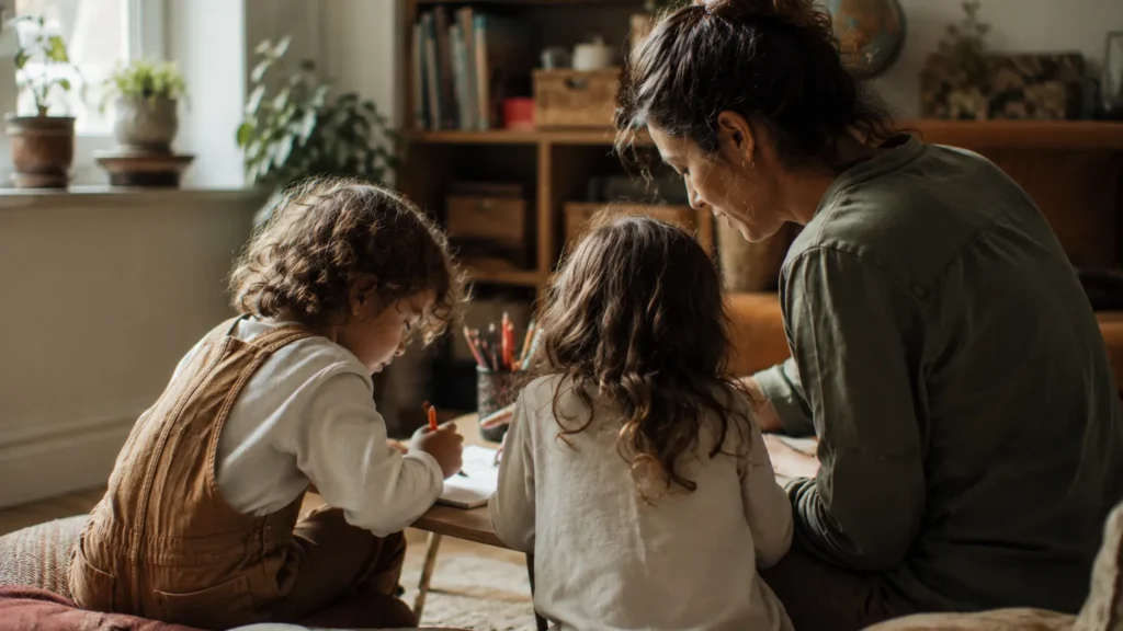 Mom and her two kids draw together at a low table near a globe in a sunlit room