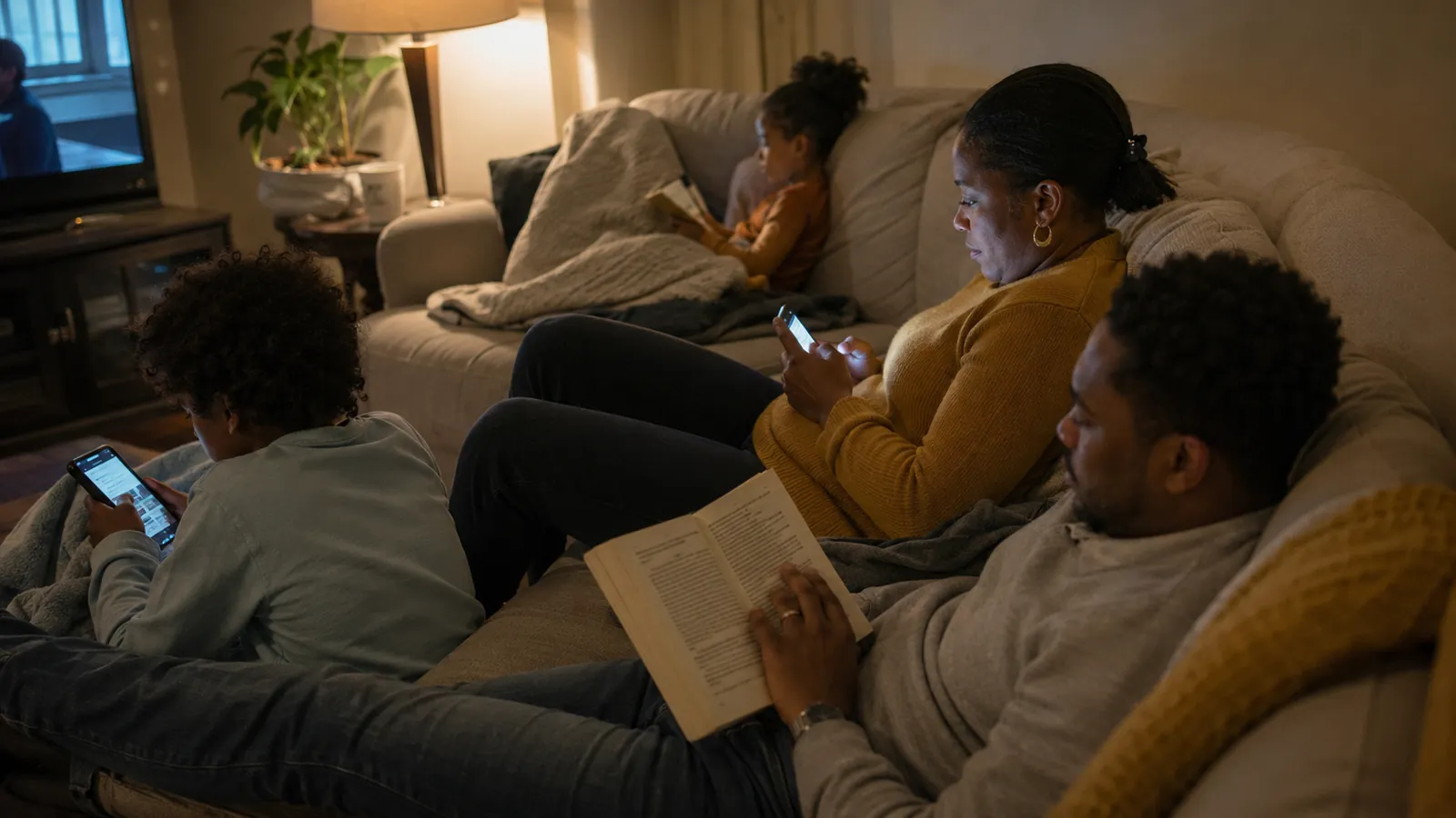 A family sprawls on the sofa in the evening, the room quiet after a long day