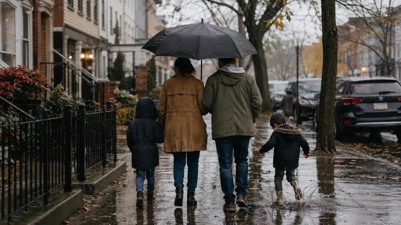 A family of four walk past brownstone steps under an umbrella on a wet autumn evening