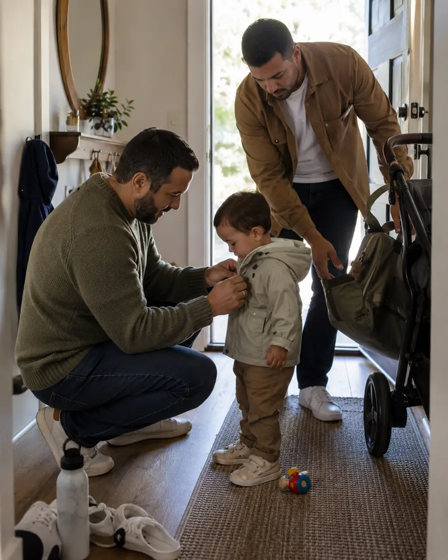 Two fathers button their small son into a jacket in the hallway beside a stroller and a backpack