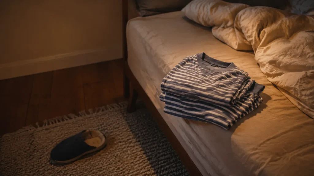Striped pajamas folded on the corner of an unmade bed in low lamplight, with one slipper on the rug beside it
