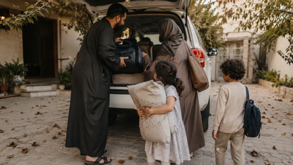 A father and mother load a suitcase into the trunk while two young kids wait beside the car before a holiday trip