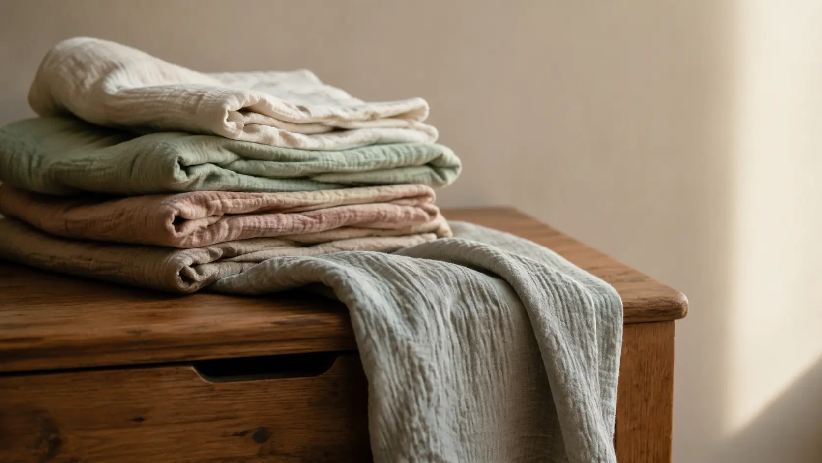A neat stack of folded muslin cloths in soft daylight, ready for a new baby