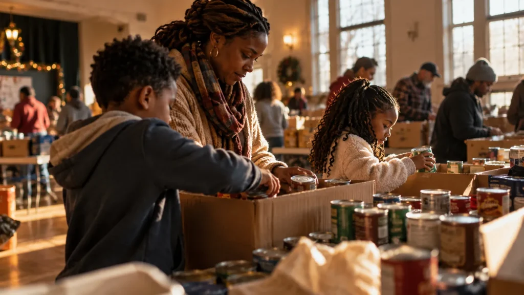 A mother and two kids pack canned goods into cardboard boxes in a community hall while other volunteers work behind them