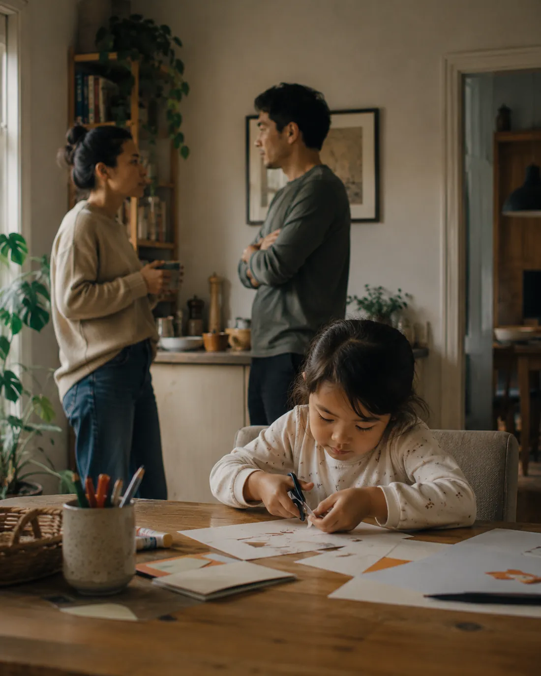A girl draws at a wooden table with markers while two adults talk in the kitchen behind her