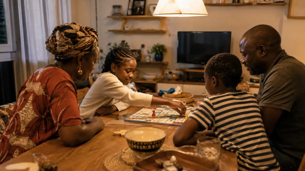 A family sits around a wooden table lit by a lamp, playing a board game together after a potluck meal