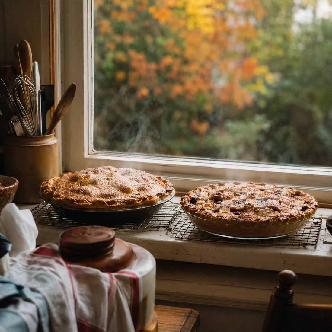 Two fresh baked pies cool on wire racks on a kitchen windowsill with autumn leaves visible outside