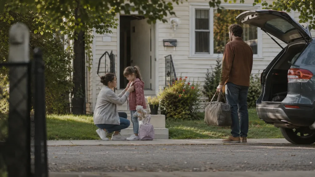 A mother kneels to zip her daughter's pink puffer coat on a suburban sidewalk while a father loads bags into the car on a cold, sunny morning