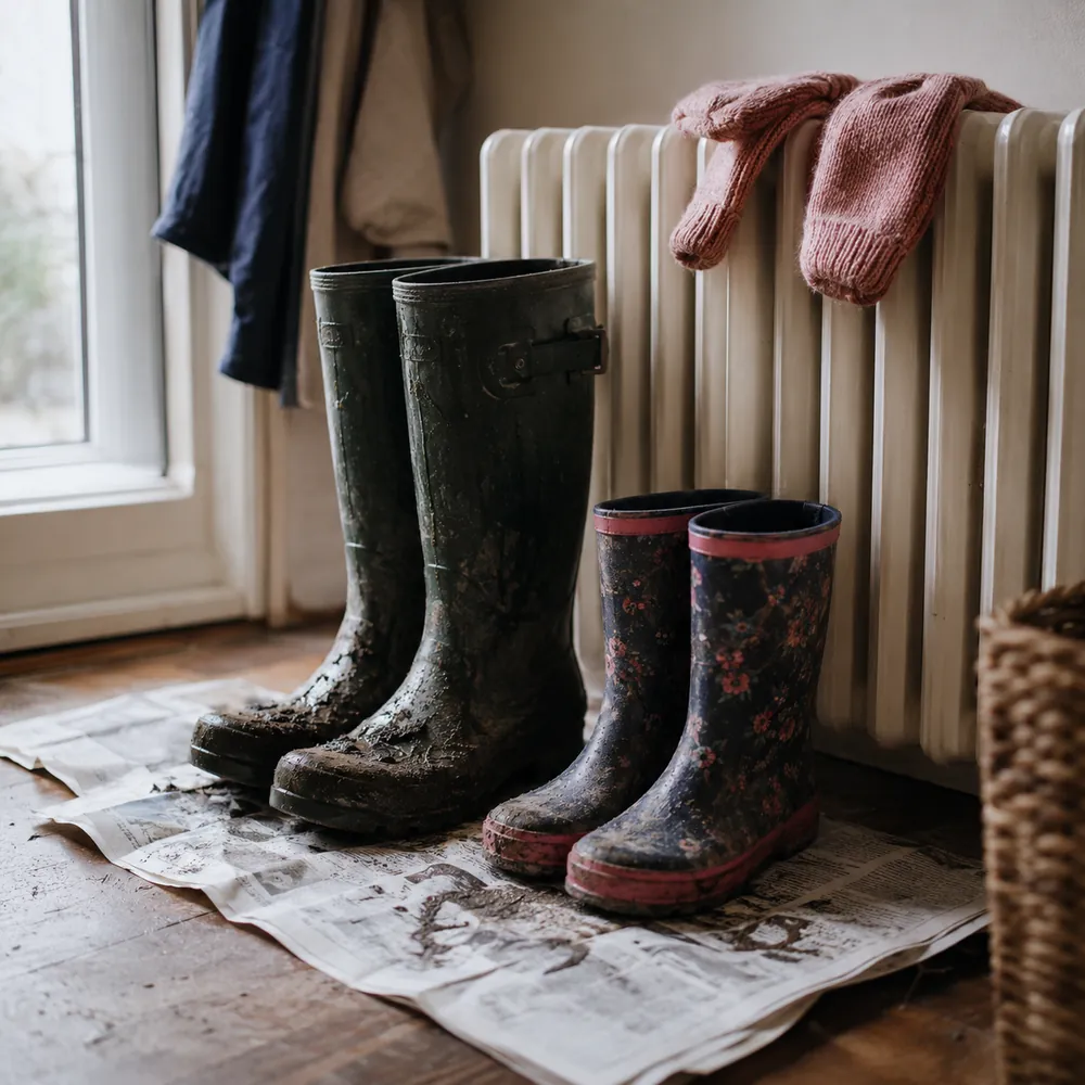 Two pairs of wet, muddy children's rain boots and a pair of pink mittens drying on a home radiator after outdoor play