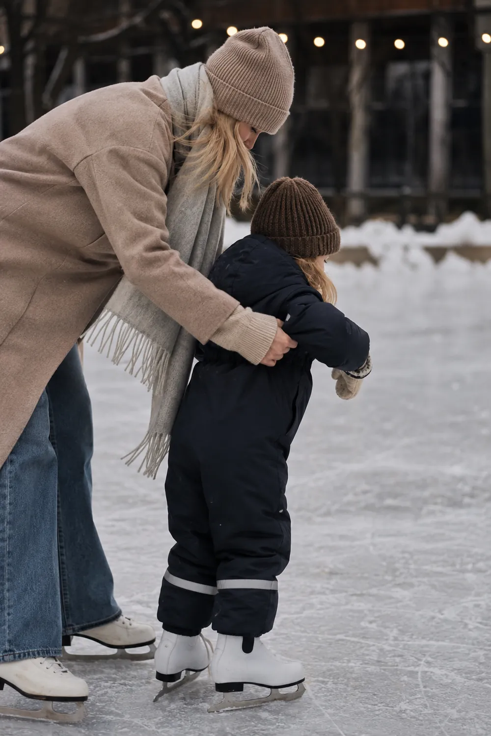 A mother in a wool coat holds her toddler's mittened hands while teaching her to ice skate at an outdoor rink in winter