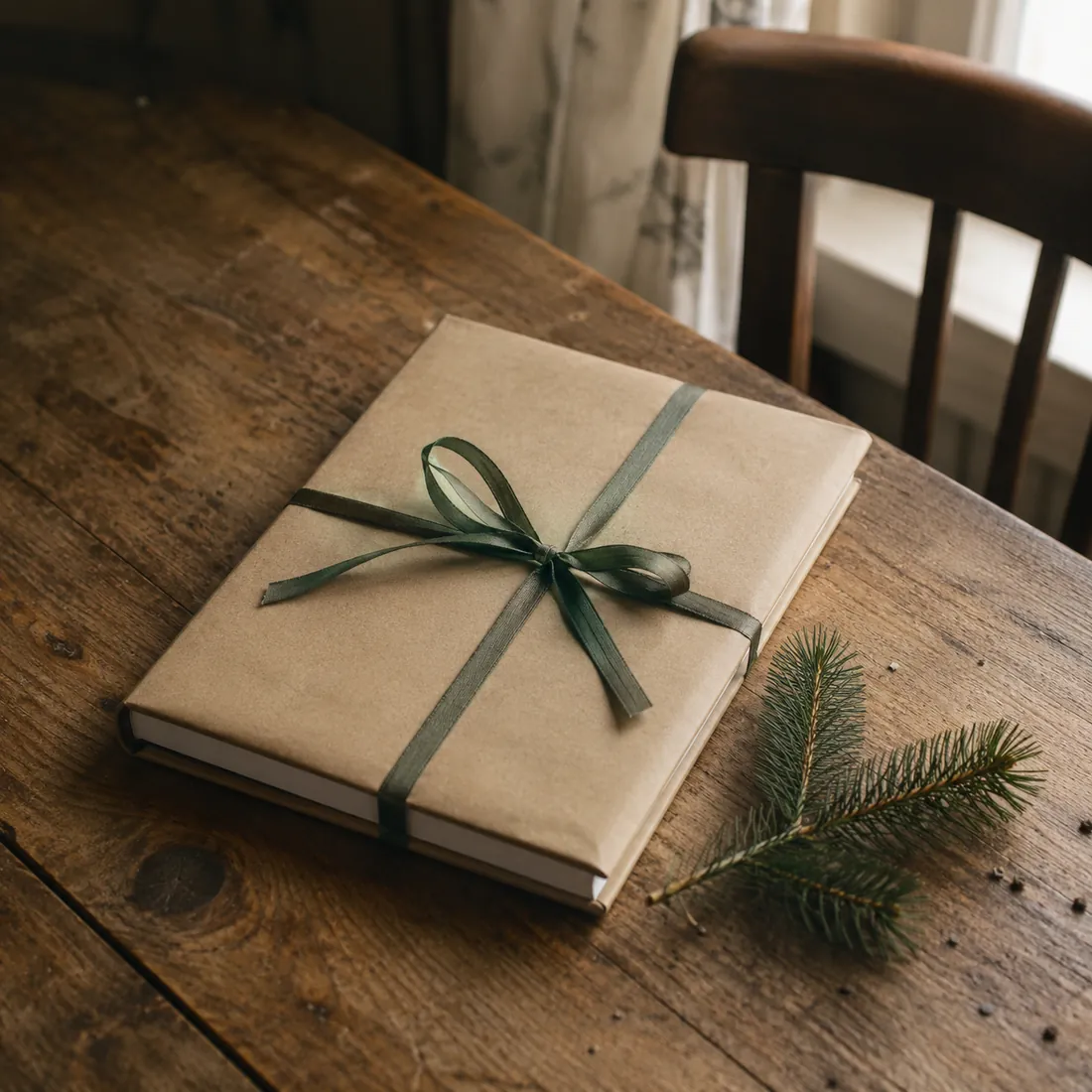 A book wrapped in brown paper and green ribbon on a wooden table