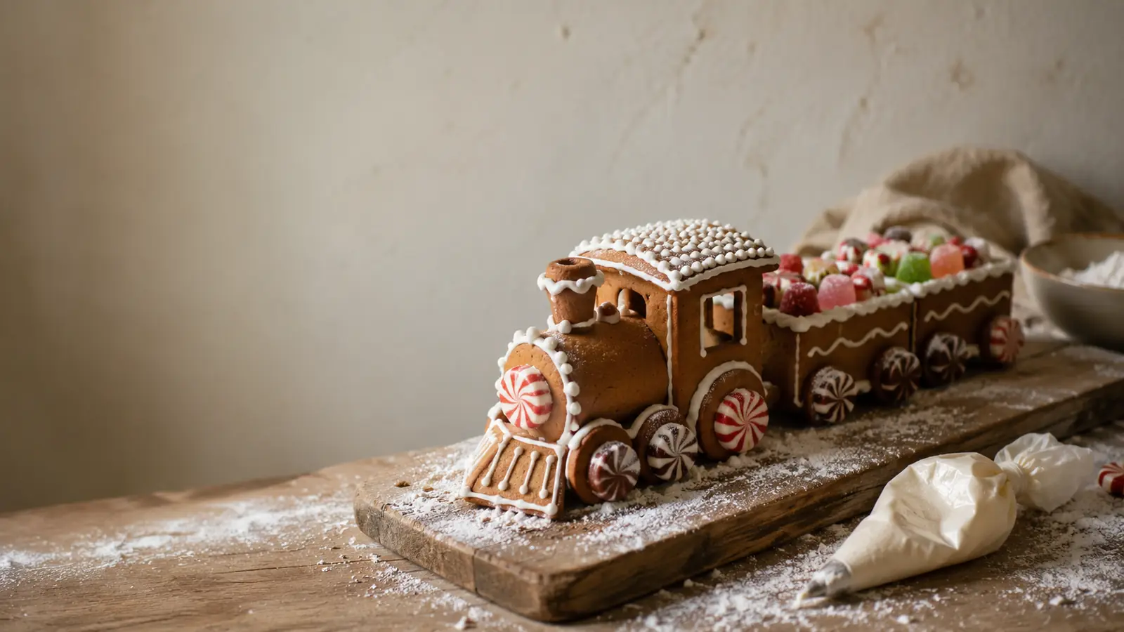 A decorated gingerbread train sitting on a wooden shelf