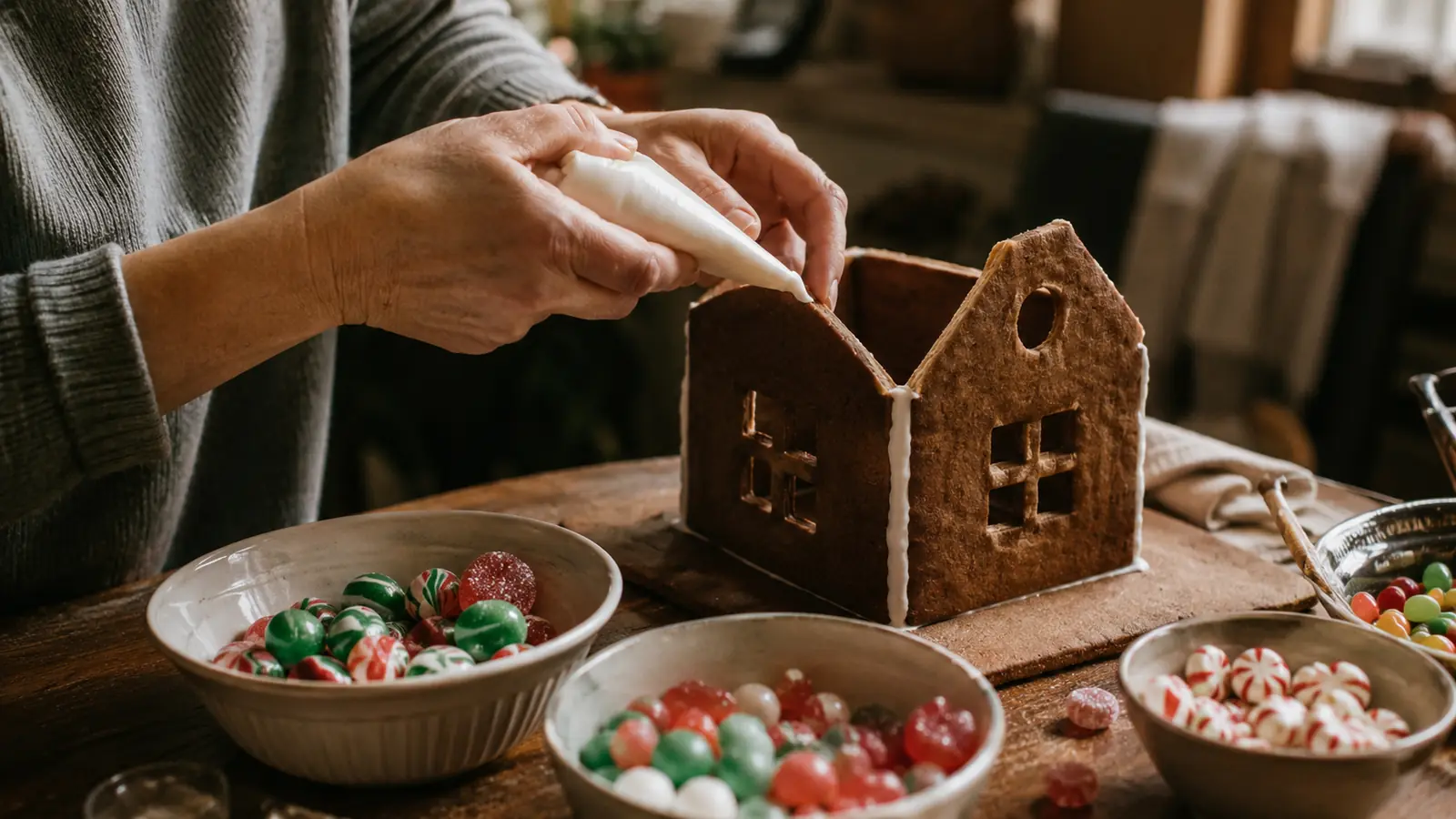 A child piping white icing along the roof of a gingerbread house