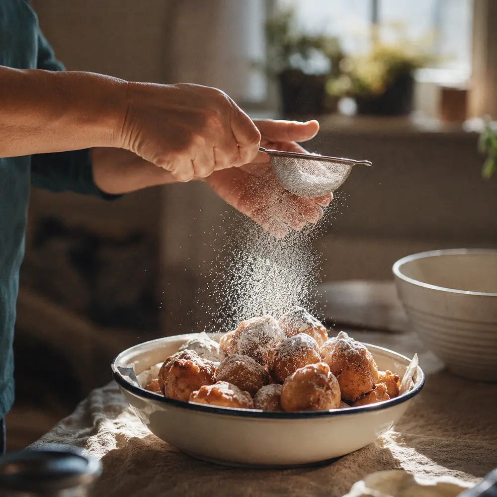 Icing sugar being sifted through a small sieve onto a work surface