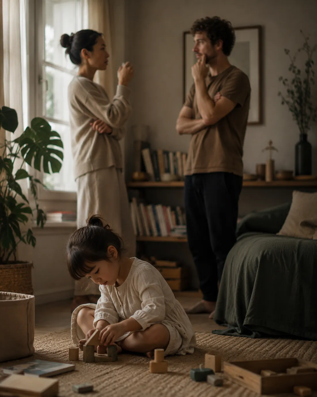 A girl plays with wooden toys on the floor while her parents talk by the window