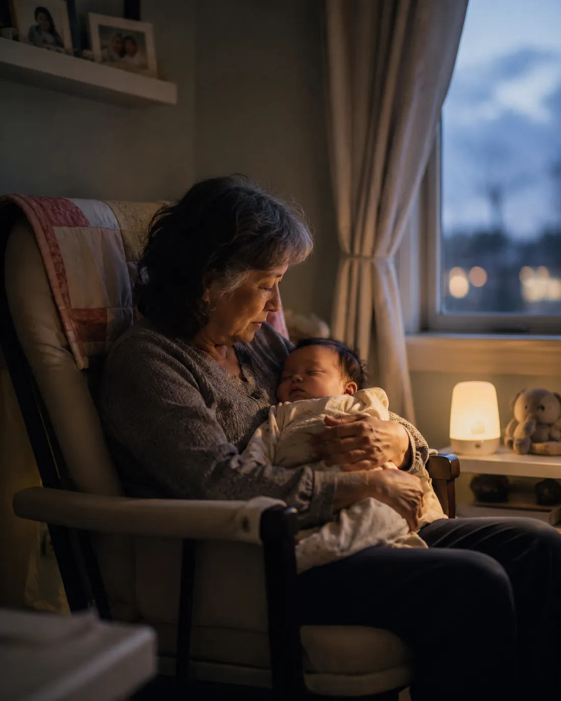 A grandmother rocks a newborn in a nursery chair at night