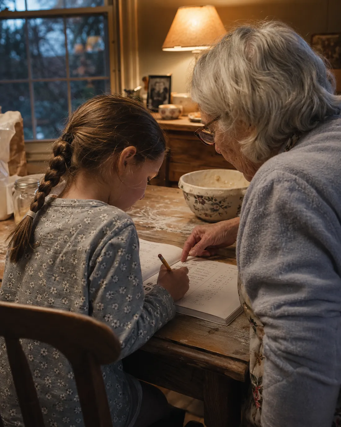 A girl with braids does homework at a table in the evening while her grandmother sits beside her