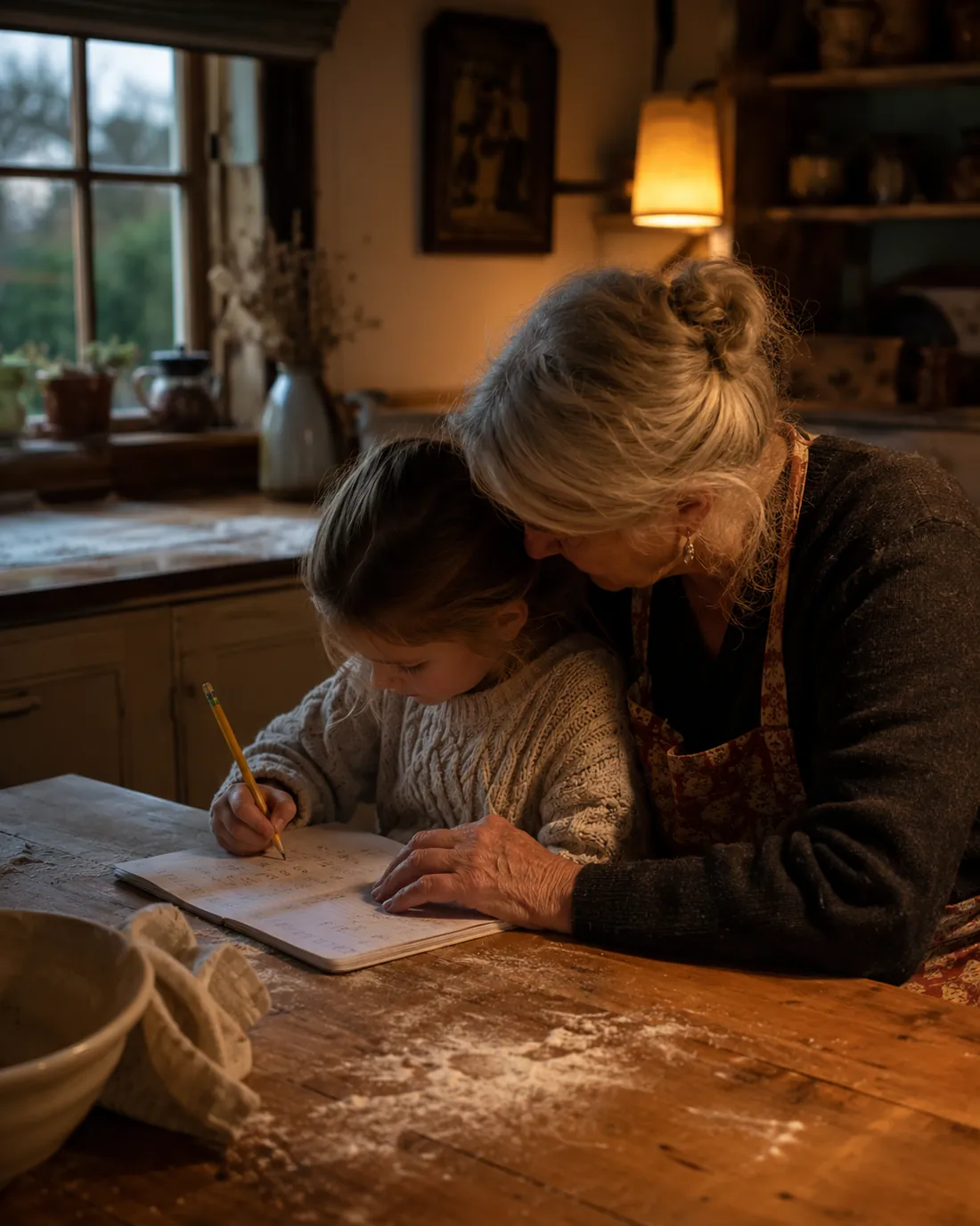 A girl practices writing at a kitchen table while her grandmother watches her pencil grip