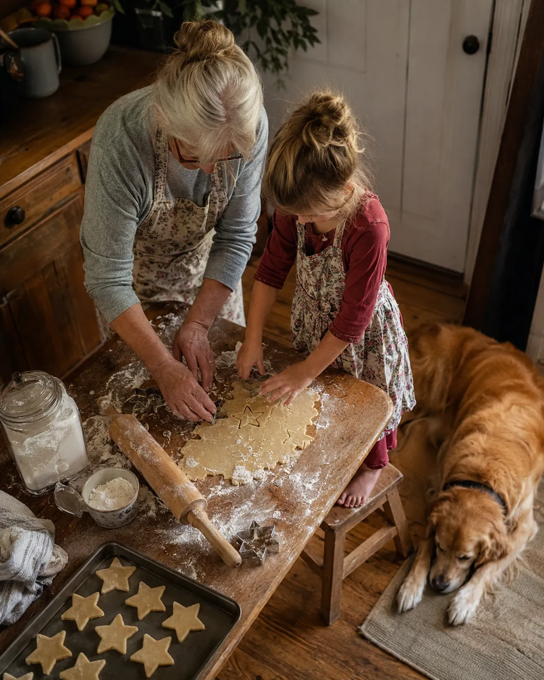A grandmother and a girl press out star cookies at a farmhouse table while a dog watches