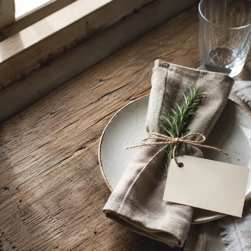 A blank folded place card with a sprig of rosemary on a set table