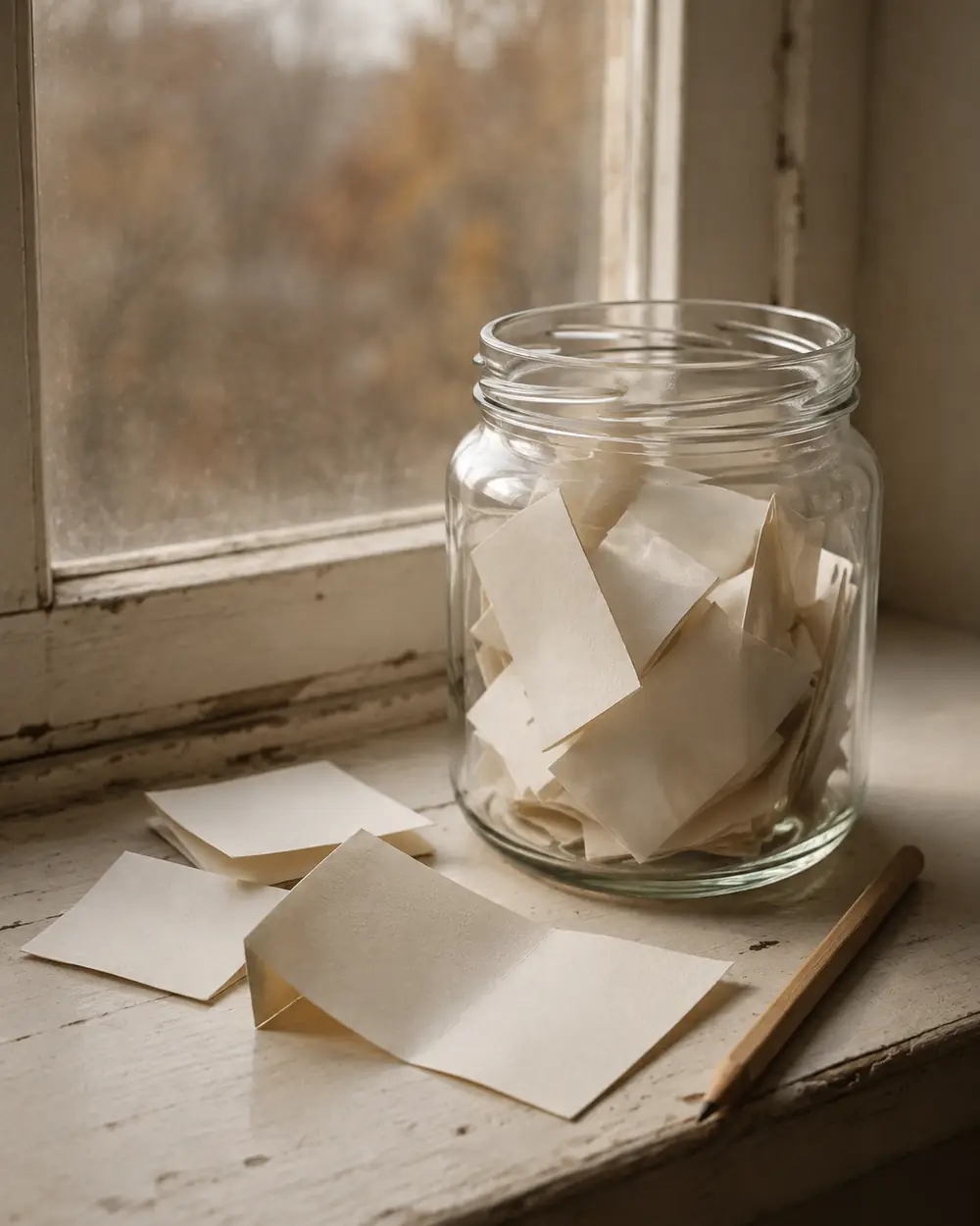 A glass jar filled with small folded paper slips on a table beside a pen