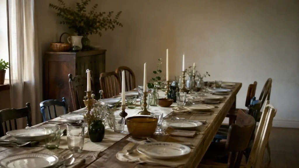 A long dining table laid with plates and glasses and chairs down both sides in warm daylight