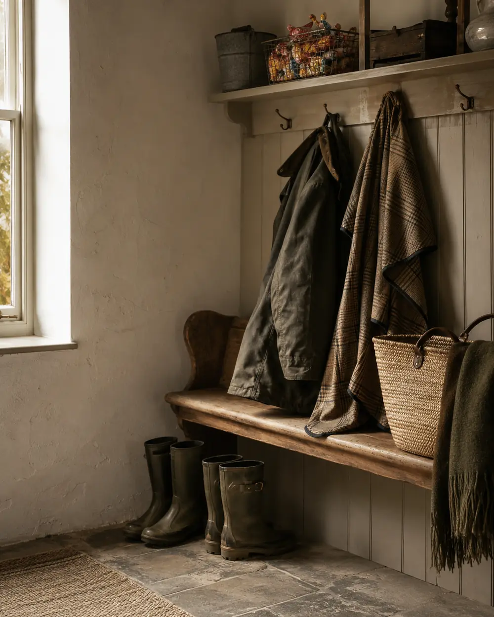 A costume and a pair of boots laid out ready by a back door