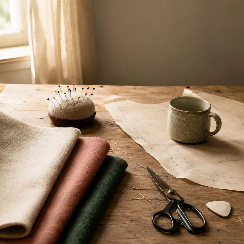 A sewing table with sheets of felt, pins and scissors laid out