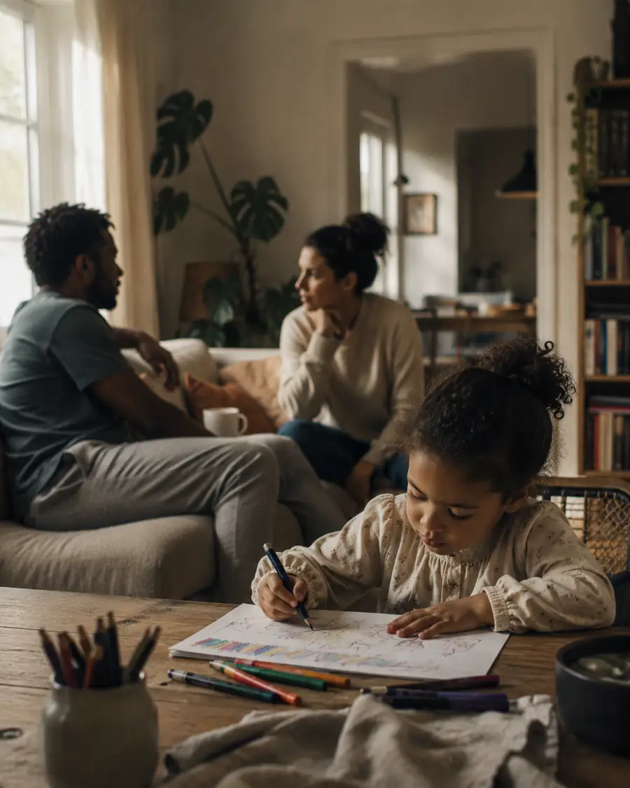A girl sits drawing at a table with felt tips while her parents talk on the couch behind her
