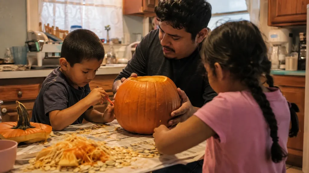 A family works on a pumpkin at a kitchen table covered in newspaper and seeds