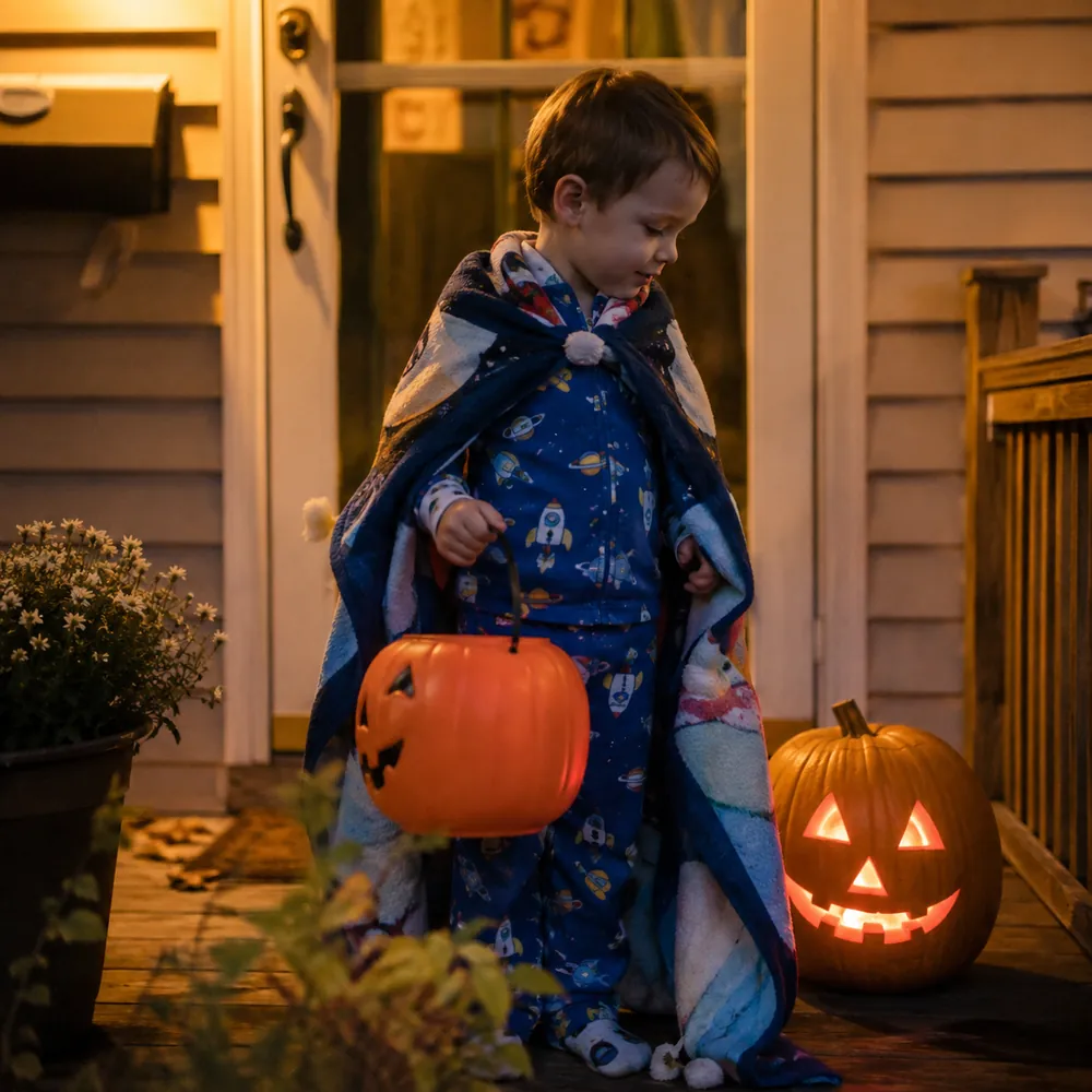 A child in pajamas holds a jack-o-lantern candy bucket on a porch at night