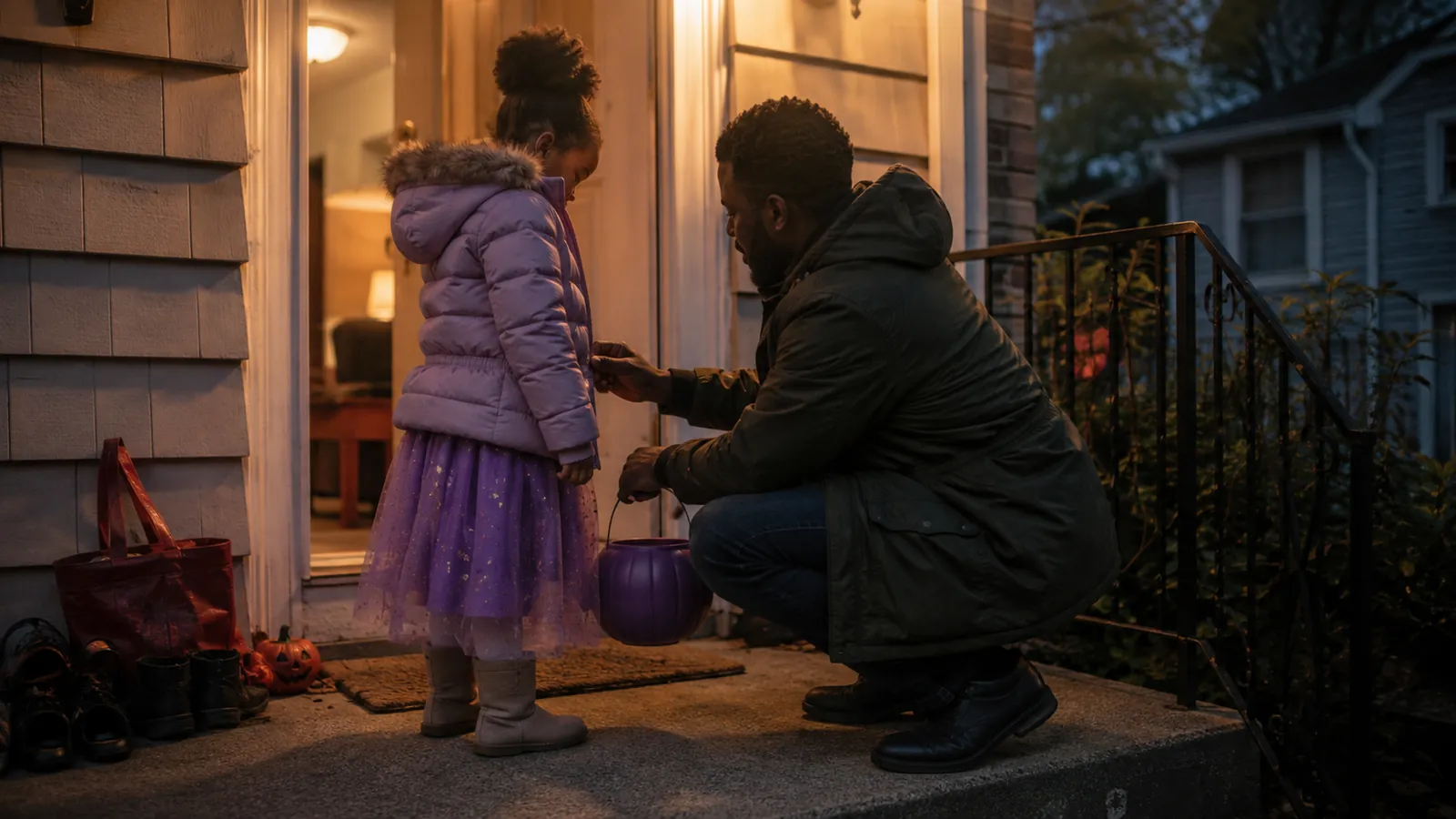A dad kneels to zip a coat over his daughter's purple princess costume on a dark porch before trick-or-treating